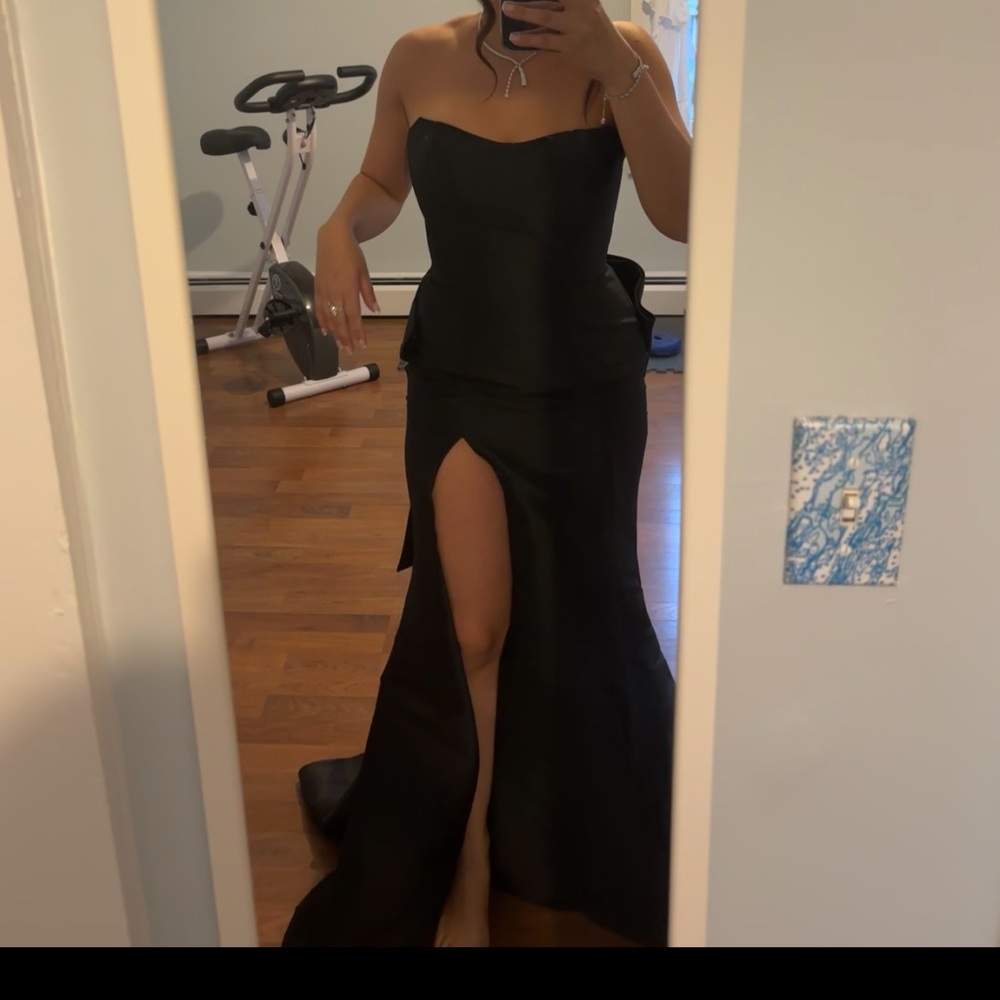 Colette Malouf Black Strapless Evening Gown with High Slit